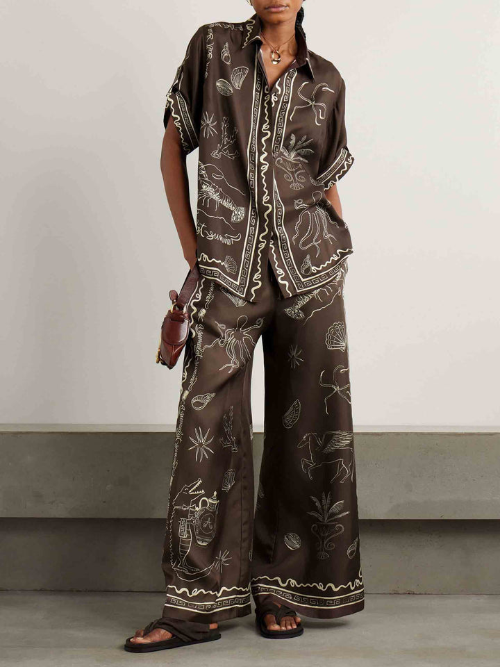 Exquisite Satin Marine Life Print Elastic Wide-leg Pants