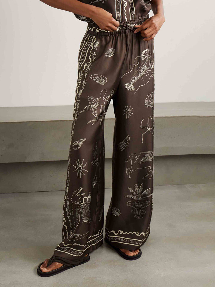 Exquisite Satin Marine Life Print Elastic Wide-leg Pants