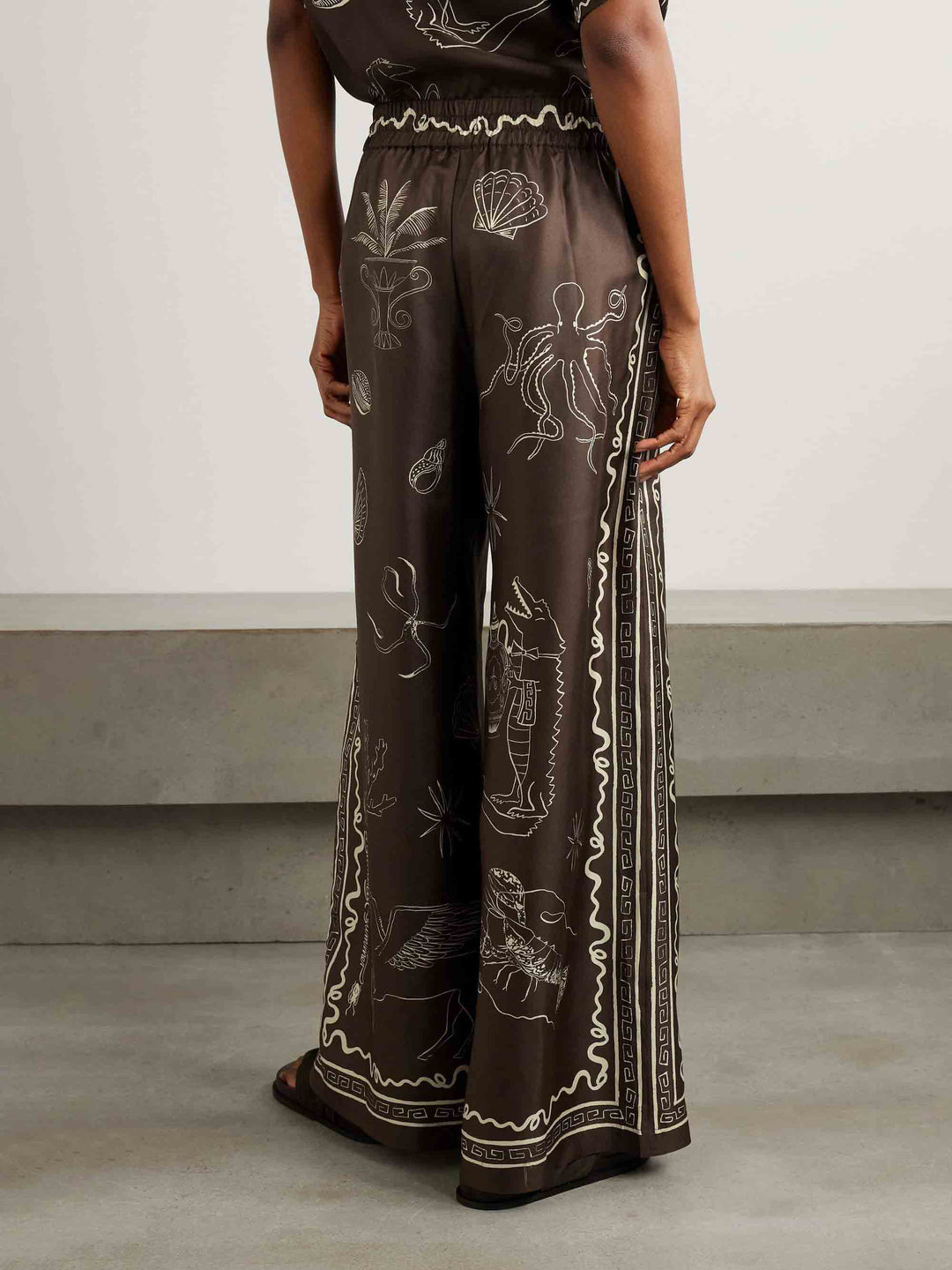 Exquisite Satin Marine Life Print Elastic Wide-leg Pants