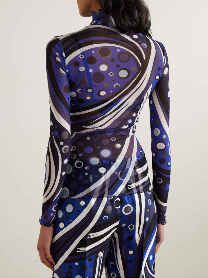 Unique Abstract Geometric Print Tulle Turtleneck Top