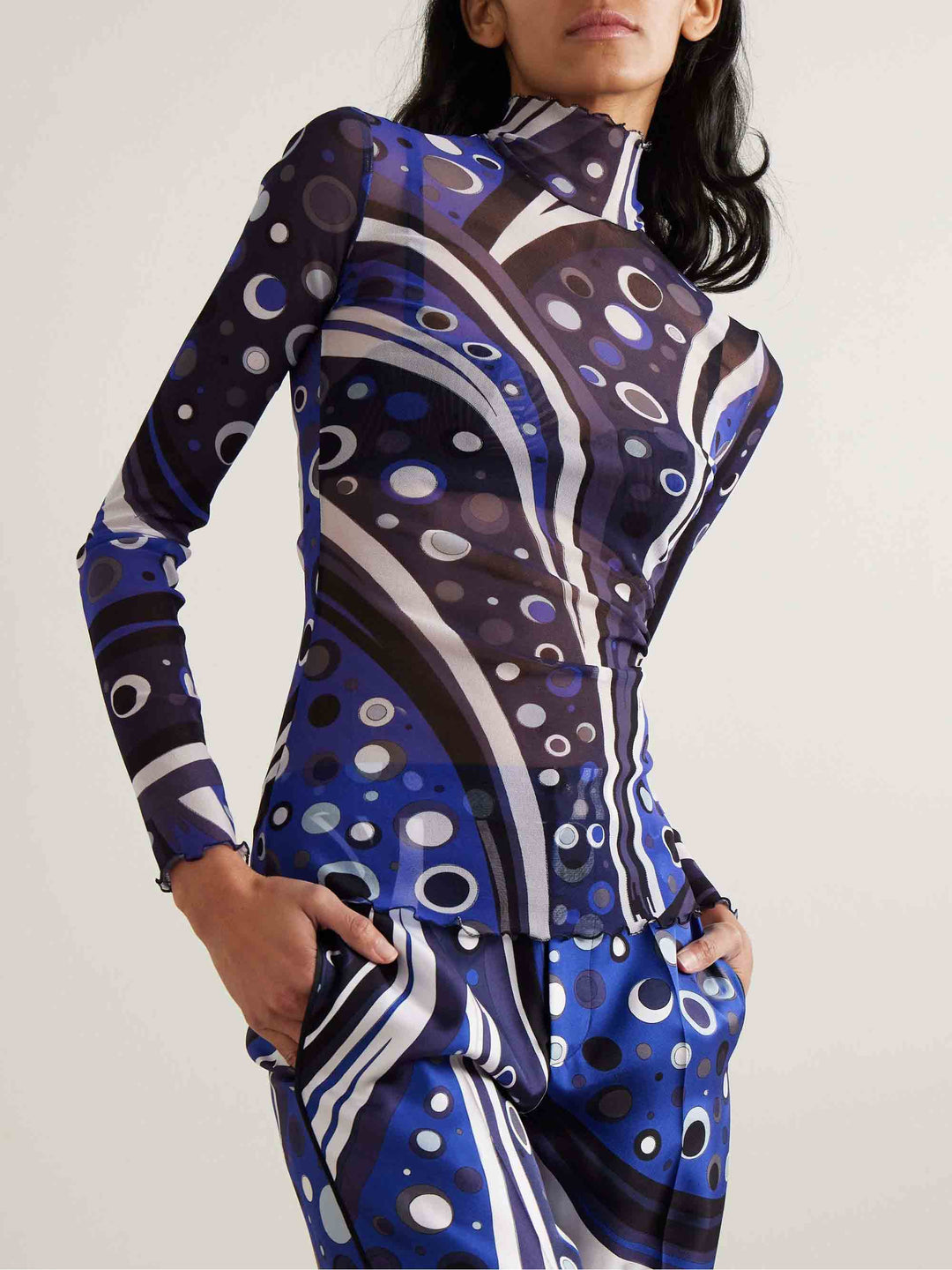 Unique Abstract Geometric Print Tulle Turtleneck Top