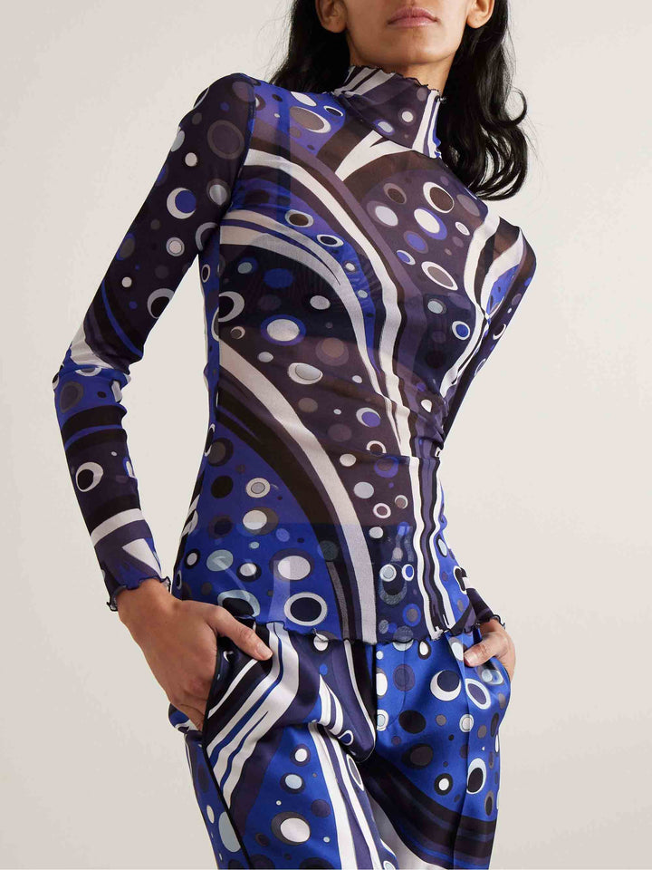 Unique Abstract Geometric Print Tulle Turtleneck Top