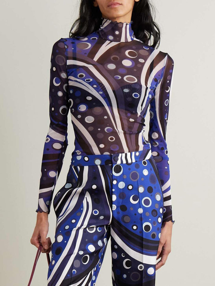 Unique Abstract Geometric Print Tulle Turtleneck Top