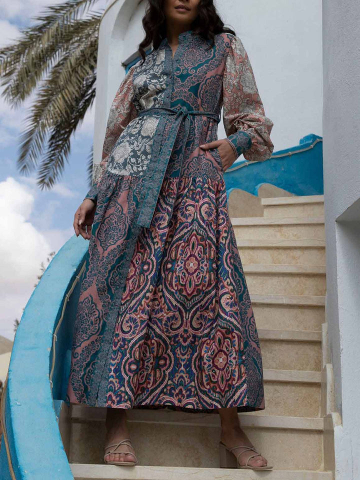 Unique Floral Pattern Patchwork Print Maxi Dress