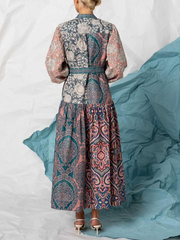 Unique Floral Pattern Patchwork Print Maxi Dress