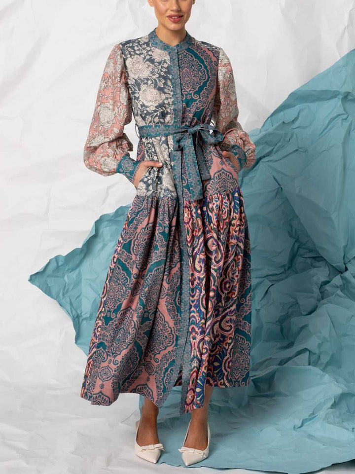 Unique Floral Pattern Patchwork Print Maxi Dress
