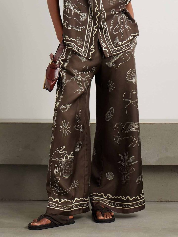 Exquisite Satin Marine Life Print Elastic Wide-leg Pants